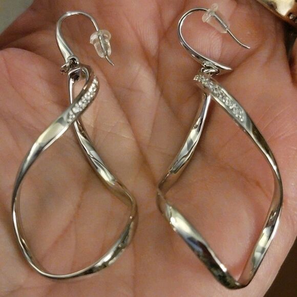 #Touchstone Crystal Silver-Rhodium #Statement Twisted Drops Ear Wire 2 1/4" long - Picture 4 of 5